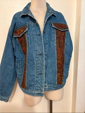 Vintage Denim Jacket with Paisley Paneling - Blue size large